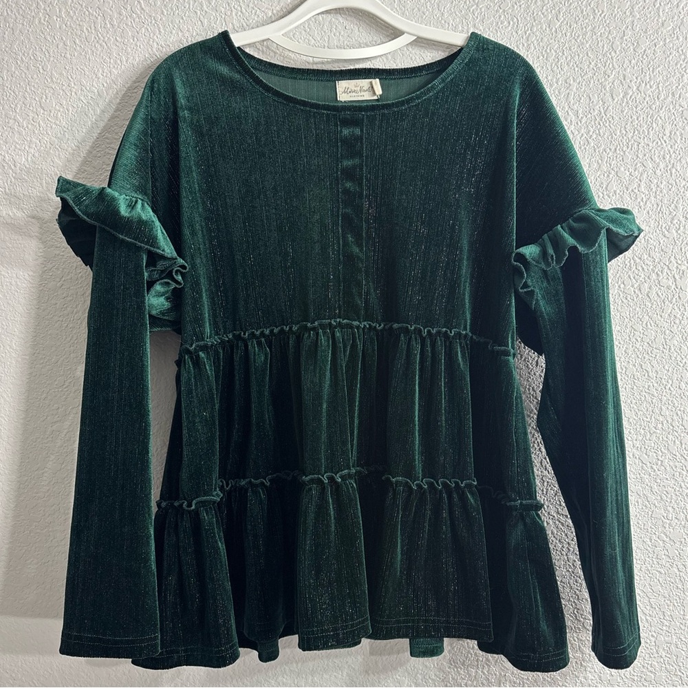 Elegant Dark Green Velvet and Silver Blouse with Ruffle Details Christmas Top M